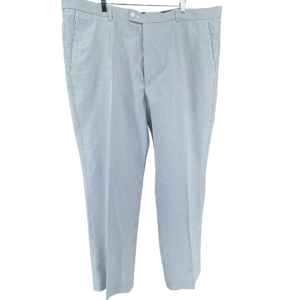 Linea Uomo Mens Blue White Seersucker Pinstripe Dress Pants 46x32 Flat Front